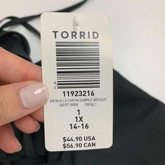 Torrid Surplice Bodysuit Womens 1 Stretch Long Sleeve Chiffon Back Tie Black - Picture 12 of 16